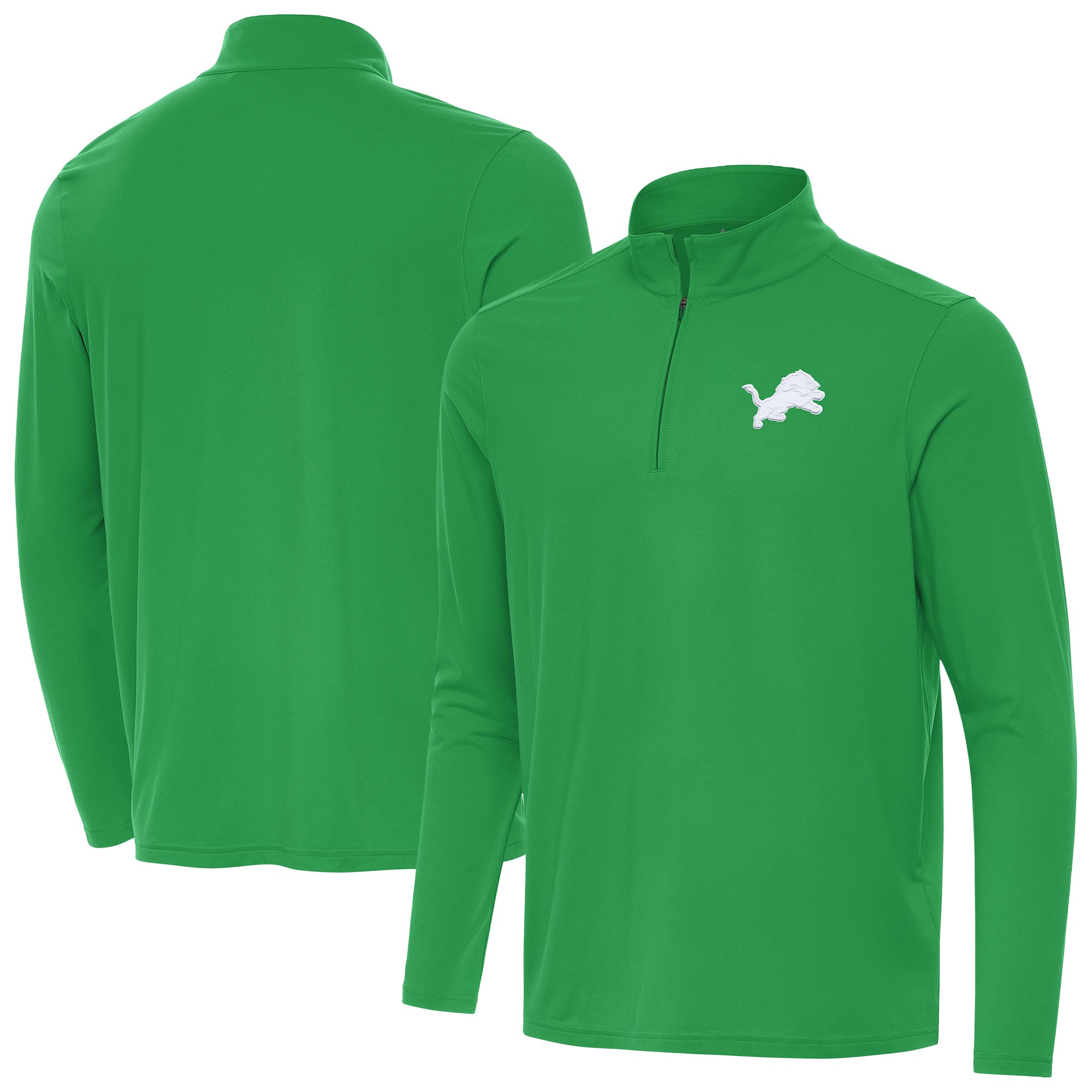 Pull à col zippé Antigua vert Kelly pour homme, Detroit Lions, édition spéciale Saint-Patrick